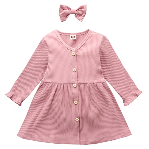 Kleinkind Mädchen Herbst Winter Langarm Geripptes Kleid Kleid Stirnbänder Outfits Kleine Baby Mädchen Outfits (Rosa, 12-18 Monate) von Generisch