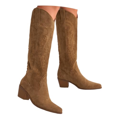 Kniehohe Cowboystiefel für Damen, breiter Absatz, spitze Zehenpartie, Stickerei, zum Überziehen, Western-Cowgirl-Stiefel, khaki, 40 EU Kniehohe Cowboystiefel für Damen, breiter Absatz, spitze Zehenpartie, Stickerei, zum Überziehen, Western-Cowgirl-Stiefel, khaki, 40 EU von Generisch
