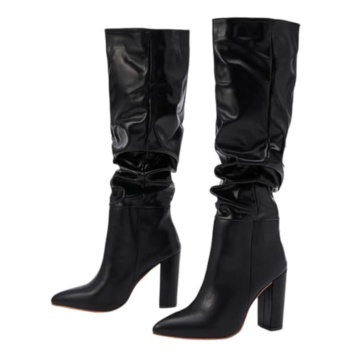 Kniehohe Damen-Stiefel, plissiertes Design, spitzer Zehenbereich, quadratischer Absatz, modisch, Kleid, lange Stiefel, bequeme Schuhe, Schwarz , 42 EU von Generisch