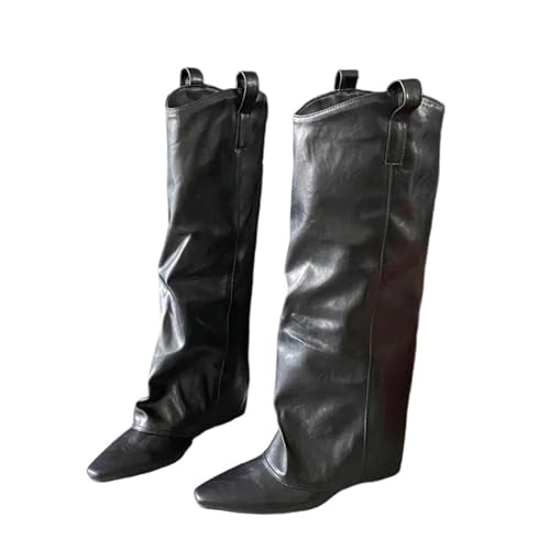 Kniehohe Damen-Stiefel mit Keilabsatz und spitzem Zehenbereich mit Slip-On-Passform für eine moderne und modische Silhouette, Schwarz , 39.5 EU Kniehohe Damen-Stiefel mit Keilabsatz und spitzem Zehenbereich mit Slip-On-Passform für eine moderne und modische Silhouette, Schwarz , 39.5 EU von Generisch