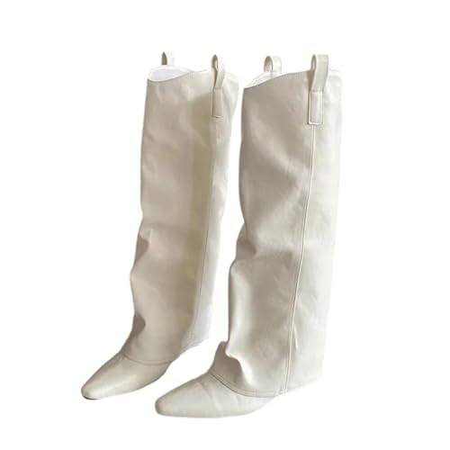 Kniehohe Damen-Stiefel mit Keilabsatz und spitzem Zehenbereich mit Slip-On-Passform für eine moderne und modische Silhouette, aprikose, 41 EU von Generisch