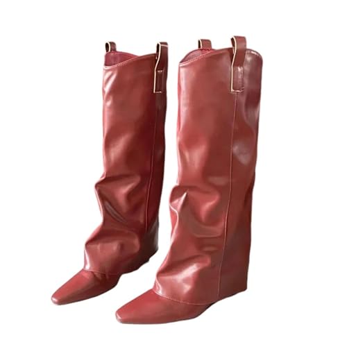 Kniehohe Damen-Stiefel mit Keilabsatz und spitzem Zehenbereich mit Slip-On-Passform für eine moderne und modische Silhouette, rot, 39 EU von Generisch