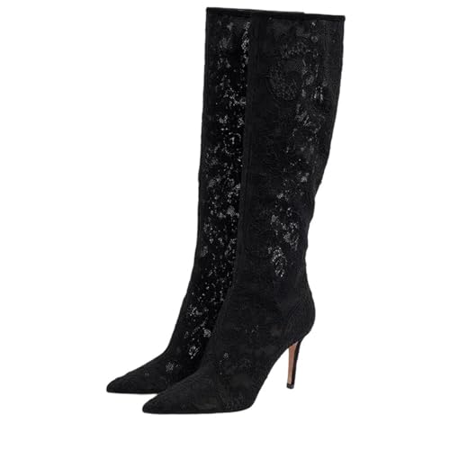 Kniehohe Damen-Stiefel mit Spitze und Air-Mesh-Konstruktion und spitzer Zehenpartie mit dünnem Absatz und Metallkappe für atmungsaktiven Sommerstil, Schwarz , 43.5 EU Kniehohe Damen-Stiefel mit Spitze und Air-Mesh-Konstruktion und spitzer Zehenpartie mit dünnem Absatz und Metallkappe für atmungsaktiven Sommerstil, Schwarz , 43.5 EU von Generisch
