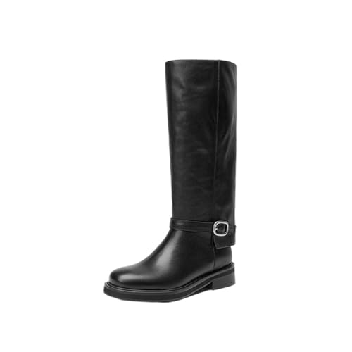 Kniehohe Damenreitstiefel im Röhren-Stil aus Rindsleder mit einfarbigem Slip-On-Design und Schnallenverzierung für einen zeitlosen und prägnanten Look, Schwarz , 39.5 EU von Generisch