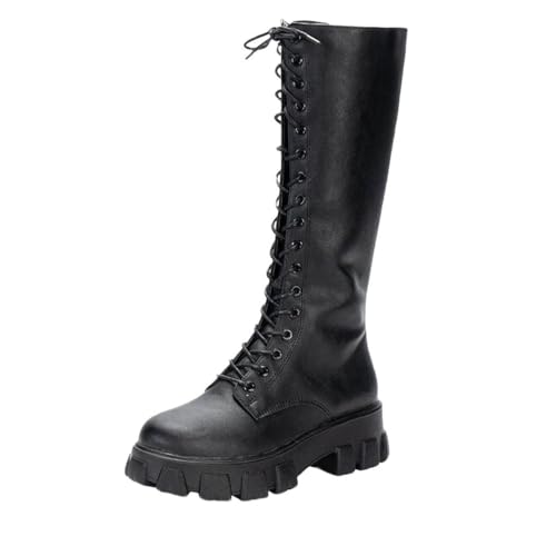 Kniehohe Damenstiefel aus PU-Leder, zum Schnüren, Plateau, lange Stiefel, Winter, Freizeit, Party, Schuhe, Schwarz , 41.5 EU von Generisch