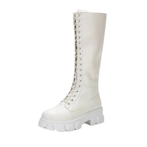 Kniehohe Damenstiefel aus PU-Leder, zum Schnüren, Plateau, lange Stiefel, Winter, Freizeit, Party, Schuhe, weiß, 39.5 EU von Generisch