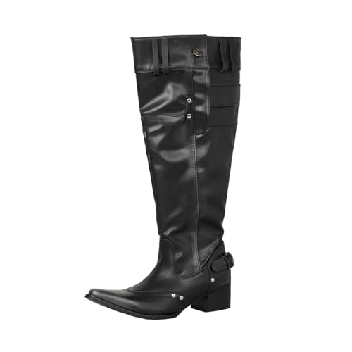 Kniehohe Damenstiefel aus Wildleder mit quadratischer Zehenpartie, mittelgroßer Blockabsatz mit Plissee- und Gürtelschnallendetails für den täglichen Gebrauch, Schwarz , 40.5 EU von Generisch