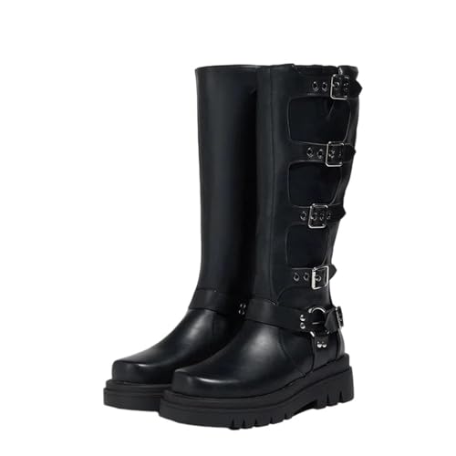 Kniehohe Damenstiefel im Western-Stil mit Gürtelschnalle, runder Zehenpartie und dicker Sohle, Plateauabsatz, Punk-inspiriertes Slip-On-Design, Schwarz , 42.5 EU von Generisch