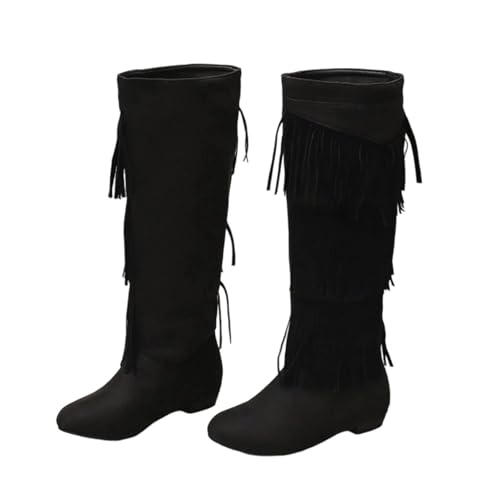 Kniehohe Damenstiefel mit Fransenquaste und rundem Zehenbereich und niedrigem quadratischem Absatz für einen Vintage- und lässigen Look, Schwarz , 44 EU von Generisch