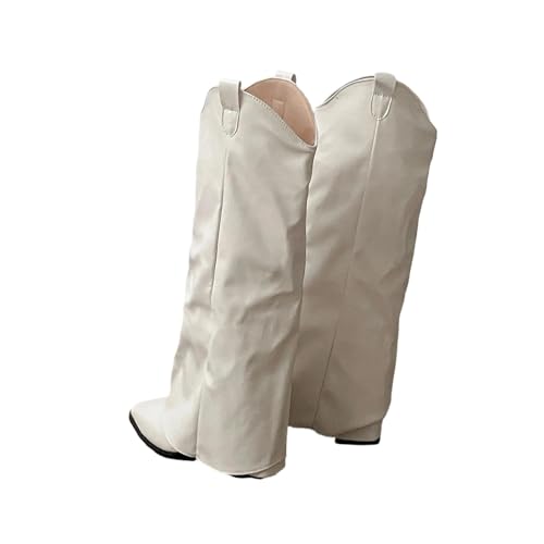 Kniehohe Damenstiefel mit spitzem Zehenbereich und dickem Absatz aus kuschelig weichem Leder für einen Street-Style-Look, perfekt für einen eleganten langen Bootie, Beige Long, 38.5 EU von Generisch