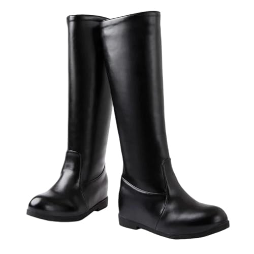 Kniehohe Plateau-Stiefel für Damen mit rundem Zehenbereich, seitlichem Reißverschluss und einem höhenerhöhenden, mittleren Absatz für Freizeit und Kleid, Schwarz mit Plüsch, 38 EU von Generisch