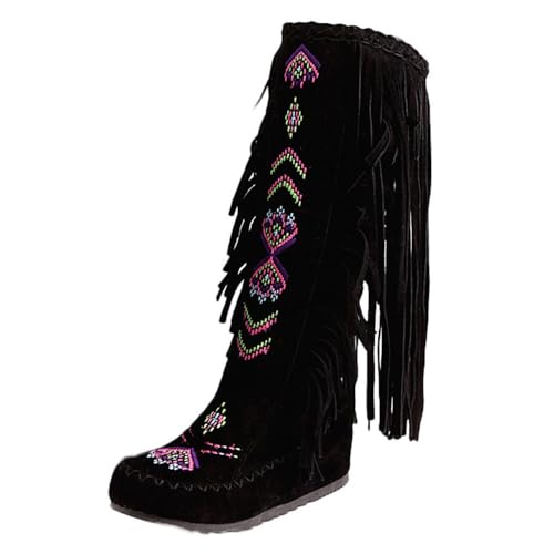 Kniehohe Stiefel Damen Fransen Flach High Knee Stiefel Retro Winterschuhe Herbst Winter Schuhe Casual Langschaft Boots Casual Spitze Zehe Klobiger Blockabsatz Winterstiefe von Generisch