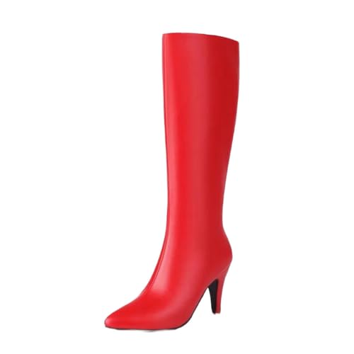 Kniehohe Stiefel für Damen, Business, Freizeit, Party, spitzer Zehenbereich, niedriger Absatz, Kleid, lange Stiefel, rot, 37 EU von Generisch