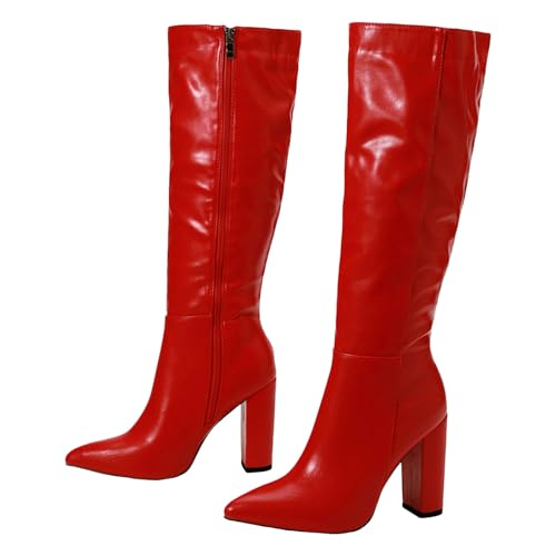 Kniehohe Stiefel für Damen, Herbst, Winter, klobiger Absatz, spitzer Zehenbereich, Kunstleder, seitlicher Reißverschluss, hohe Stiefel, rot, 38.5 EU Kniehohe Stiefel für Damen, Herbst, Winter, klobiger Absatz, spitzer Zehenbereich, Kunstleder, seitlicher Reißverschluss, hohe Stiefel, rot, 38.5 EU von Generisch