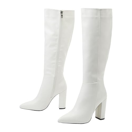Kniehohe Stiefel für Damen, Herbst, Winter, klobiger Absatz, spitzer Zehenbereich, Kunstleder, seitlicher Reißverschluss, hohe Stiefel, weiß, 37.5 EU Kniehohe Stiefel für Damen, Herbst, Winter, klobiger Absatz, spitzer Zehenbereich, Kunstleder, seitlicher Reißverschluss, hohe Stiefel, weiß, 37.5 EU von Generisch