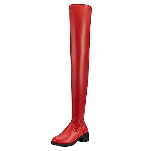 Kniehohe Stiefel für Damen, Slipper, Haltbarkeit, mittlere Wade, Wanderschuhe, Plateau, seitlicher Reißverschluss, Oberschenkelhohe Stiefel, rot, 38 EU von Generisch