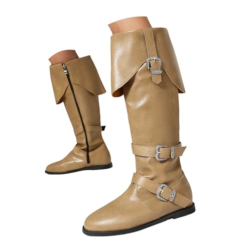 Kniehohe Stiefel für Damen, runder Zehenbereich, seitlicher Reißverschluss, Kampfstiefel, Motorradstiefel, khaki, 38.5 EU Kniehohe Stiefel für Damen, runder Zehenbereich, seitlicher Reißverschluss, Kampfstiefel, Motorradstiefel, khaki, 38.5 EU von Generisch