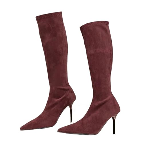 Kniehohe Stiefel für Damen, spitzer Zehenbereich, dünner Absatz, Reißverschluss, lange Stiefel, Winter, Abschlussball, Partyschuhe, weinrot, 40.5 EU von Generisch