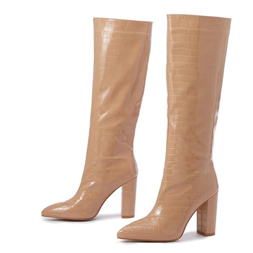 Kniehohe Stiefel mit Blockabsatz für Damen, hoher Absatz, spitzer Zehenbereich, modisch, Kunstleder, Krokodil-GoGo-Stiefel, khaki, 38.5 EU Kniehohe Stiefel mit Blockabsatz für Damen, hoher Absatz, spitzer Zehenbereich, modisch, Kunstleder, Krokodil-GoGo-Stiefel, khaki, 38.5 EU von Generisch