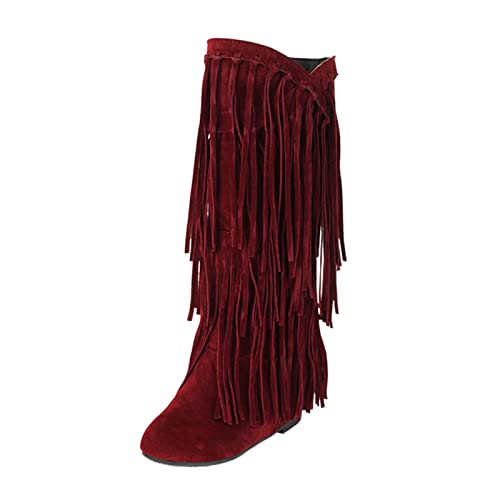 Kniehohestiefel Damen Mit Absatz - Cowboy Boots Damen Mit Fransen - Overkneesstiefel Langschaft Schlupfstiefel Wildleder Winterstiefel Rundzehe Westernstiefel Elegante High Heel Stiefel von Generisch