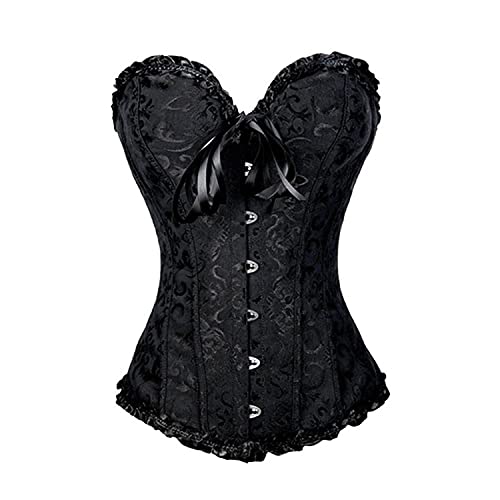 Korsett-Oberteil Zum Schnüren Für Damen Sexy Bustiers Aus Satin Mit Blumenspitze Und Überbrust Taillenkorsett Bustier Plus Size (Schwarz,S) von Generisch