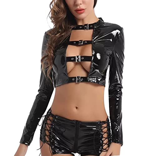 Korsett Schwarz - Leder & Latex Lack Und Leder Sexy Frauen Clubwear Sm Outfit Leder BH Frauen Sexy Sklavin Outfit BDSM Dessous Lederkleid Damen Schwarz Sexy(#01 A,M) von Generisch