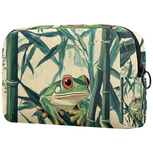 Kosmetiktasche für Damen, Motiv: neugieriger Frosch und Bambus, mit Reißverschluss, Kulturbeutel, Reise-Kosmetik-Organizer, multi, 18.5x7.5x13cm/7.3x3x5.1in, Art déco von Generisch