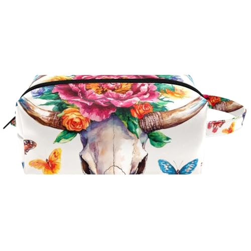 Kosmetiktasche im Boho-Stil mit Blumen und Federn, tragbare hängende Reise-Kulturbeutel, Leder-Make-up-Tasche, Kinder-Federmäppchen, Mehrfarbig 03, 8.2x3.1x3.5 in/21x8x9 cm von Generisch