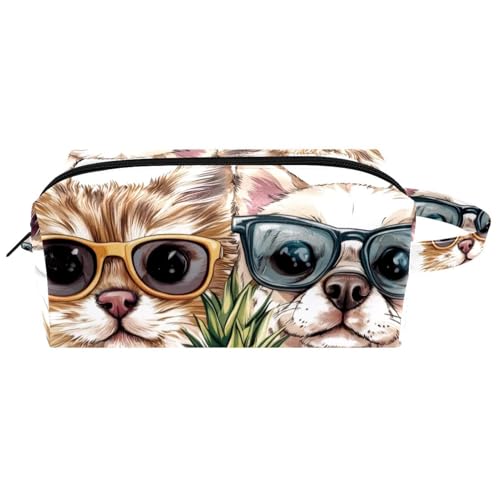 Kosmetiktasche mit Kätzchen- und Welpengesichtern mit Brille und Strand, Ananas, tragbare hängende Reise-Kulturbeutel, Leder-Make-up-Tasche, Kinder-Federmäppchen, Mehrfarbig 02, 8.2x3.1x3.5 in/21x8x9 von Generisch