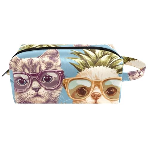 Kosmetiktasche mit Kätzchen- und Welpengesichtern mit Brille und Strand, Ananas, tragbare hängende Reise-Kulturbeutel, Leder-Make-up-Tasche, Kinder-Federmäppchen, Mehrfarbig 04, 8.2x3.1x3.5 in/21x8x9 von Generisch