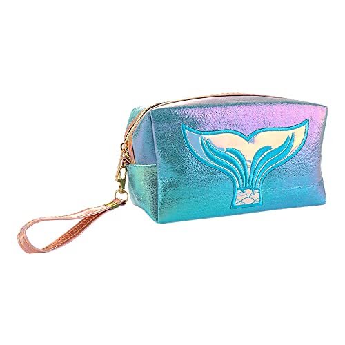 Kosmetiktasche mit Meerjungfrauen-Muster, PU-Leder, wasserdicht, Reise-Waschbeutel, Laser-Kosmetikkoffer für Damen und Herren, blau, Laser von Generisch