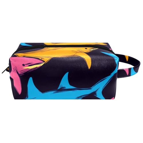 Kosmetiktasche mit bunten Haien auf schwarzem Hintergrund, tragbar, zum Aufhängen, Reise-Kulturbeutel, Leder-Make-up-Tasche, Kinder-Federmäppchen, Mehrfarbig 02, 8.2x3.1x3.5 in/21x8x9 cm von Generisch