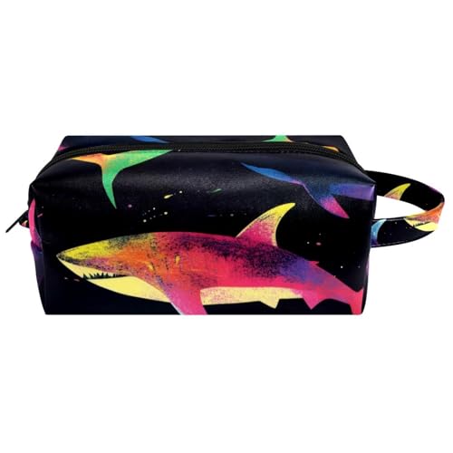 Kosmetiktasche mit bunten Haien auf schwarzem Hintergrund, tragbar, zum Aufhängen, Reise-Kulturbeutel, Leder-Make-up-Tasche, Kinder-Federmäppchen, Mehrfarbig 03, 8.2x3.1x3.5 in/21x8x9 cm von Generisch