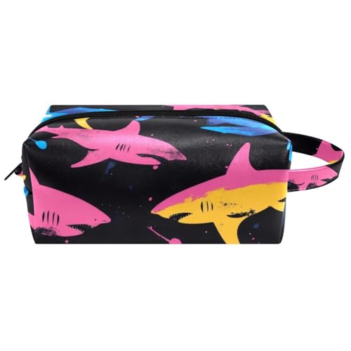 Kosmetiktasche mit bunten Haien auf schwarzem Hintergrund, tragbar, zum Aufhängen, Reise-Kulturbeutel, Leder-Make-up-Tasche, Kinder-Federmäppchen, Mehrfarbig 04, 8.2x3.1x3.5 in/21x8x9 cm von Generisch