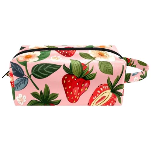 Kosmetiktasche mit niedlichen Erdbeeren und Blumen auf rosa Hintergrund, tragbare hängende Reise-Kulturbeutel, Leder-Make-up-Tasche, Kinder-Federmäppchen, Mehrfarbig 05, 8.2x3.1x3.5 in/21x8x9 cm von Generisch