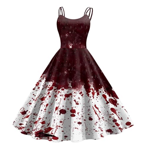 Kostüm Damen Gruselig Blutige Zombie Braut Horror Elegant Brautkleid Ärmellos Aufdruck Kleid mit Blutigem Print Mittelalter Cocktailkleid Party Karneval Kleider von Generisch