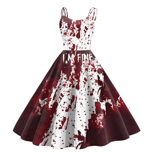Kostüm Damen Gruselig Blutige Zombie Braut Horror Elegant Brautkleid Ärmellos Aufdruck Kleid mit Blutigem Print Mittelalter Cocktailkleid Party Karneval Kleider von Generisch