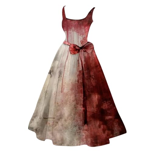 Kostüm Halloween Damen mit blutigem Aufdruck, lässig, Party, Rundhalsausschnitt, ärmellos Gastkleider Halloween Kostüm Mittelalter Kleidung Rockabilly Cocktailkleid Halloween Kostüm Damen Gruselig von Generisch