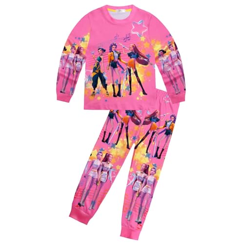 𝙆𝙥𝙤𝙥 Demon Pyjama Schlafanzüge für Mädchen Zweiteiliges Set Winter Pyjama K-pop Anime Drucken Pyjamahose Lang und Langram Oberteile Kinder Hausanzug Loungewear(Pink,120) von Generisch