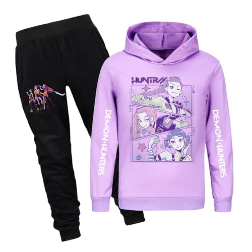 Kpop 𝐷𝑒𝑚𝑜𝑛𝑠 Hunters Sportanzug Mädchen pop Hunters Drucken Langarm Kapuzenpullover und Jogginghose 2 Teiler Casual Bequeme Outfit set Passform für Reisen Trainingsanzug (A-2-Purple, 5-6 Years) von Generisch