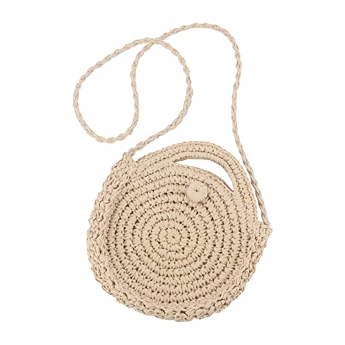 Kreis handgewebte runde Retro Rattan Strandtasche Umhängetasche Urlaub Strand geflochtene Runde Hand Bill Schulter Use Everything Lässige geflochtene Strohtasche Hose Mit Kette Mit (Beige, One Size) von Generisch