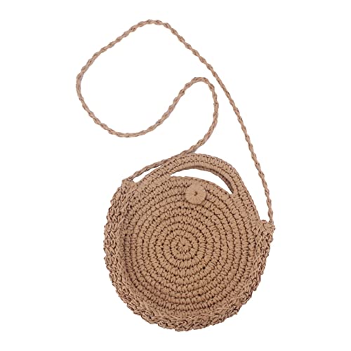 Kreis handgewebte runde Retro Rattan Strandtasche Umhängetasche Urlaub Strand geflochtene Runde Hand Bill Schulter Use Everything Lässige geflochtene Strohtasche Hose Mit Kette Mit (Khaki, One Size) von Generisch