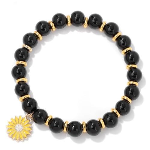 Kristall Armband, Hand-Woven 8Mm Natural Gemstone Crystal Daisy Spacer Elastic Rope Bracelet, Energy Jewellery For Men Women Black Onyx von Generisch