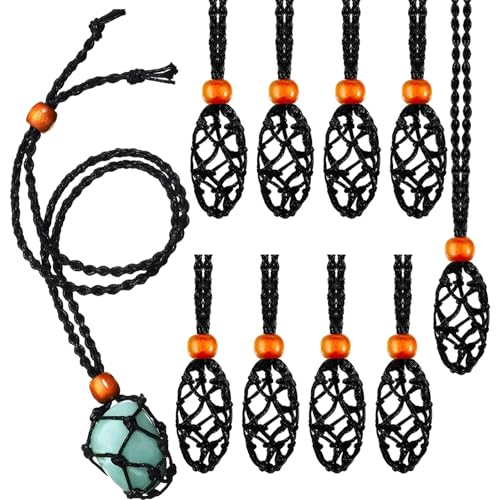 Kristallkäfig-Halskettenhalter Set von 10 Stück, verstellbare Naturstein-Mesh-Halsketten, Retro-Makramee-Anhänger-Seil mit Holzperle, Schwarz von Generisch