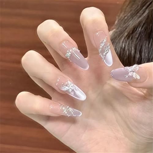 Künstliche Fingernägel, lang, handgefertigt, zum Aufdrücken, elegante Schmetterlings-Nagelkunst, Dekoration, französisches Katzenauge, für Damen und Mädchen, 10 Stück (A714-XS) von Generisch