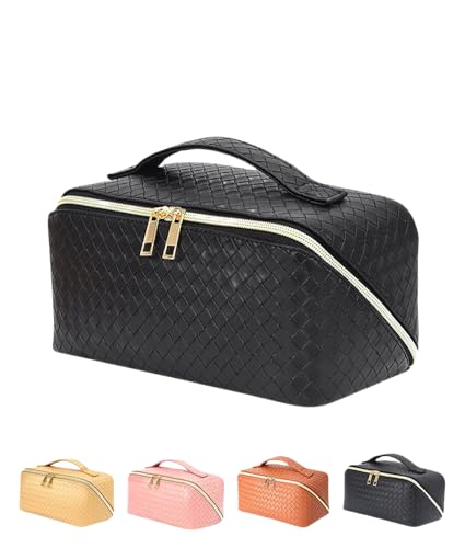 Kulturbeutel aus Leder mit Karomuster, Damen-Reise-Kosmetiktasche, große tragbare Reise-Kosmetiktasche, wasserdichte Kosmetiktasche (Black) von Generisch