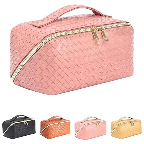 Kulturbeutel aus Leder mit Karomuster, Damen-Reise-Kosmetiktasche, große tragbare Reise-Kosmetiktasche, wasserdichte Kosmetiktasche (pink) von Generisch