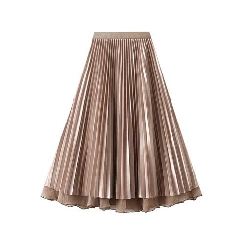 Kurz Gummizug Perlmuttfarbener Rock mit hoher Taille für Damen, wendbarer Streamer-Mesh-Rock Lederimitat Stretch (Khaki, One Size) von Generisch
