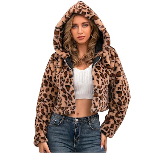Kurz Pelzjacke Damen Leopard Druck Kunstpelz Mit Reißverschluss und Kapuze Modisches Fleecejacke Flauschig Wintermantel Kuschelig Faux Fur Coat Warmer Winterjacke Plüsch Oberbekleidung Streetwear von Generisch