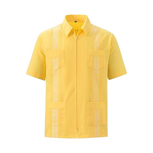 Kurzärmliges kubanisches Guayabera-Hemd für Herren, mexikanisches Hemd mit durchgehendem Reißverschluss vorne und Tasche Camp Langarm (Yellow, XXXL) von Generisch